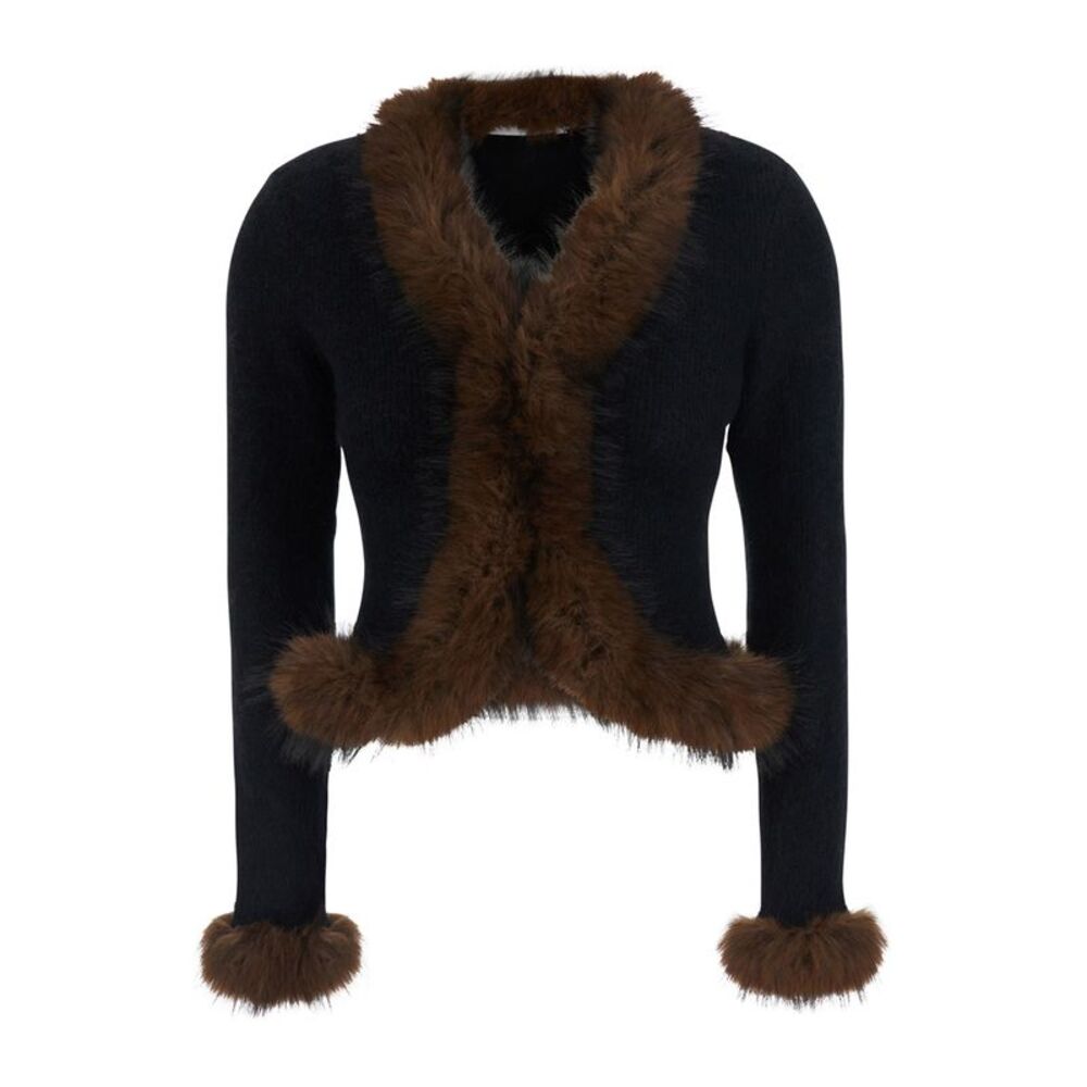 Self-Portrait Women Black Cardigan With Eco Fur In Cotton Blend For Women